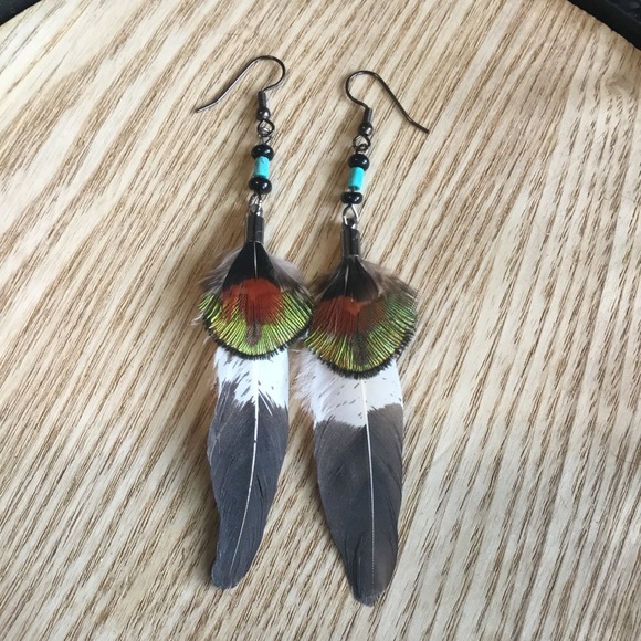 Hand Crafted Imitation Eagle & Turquoise Feather Hand Painted Tribal Earrings - Picture 15 of 16